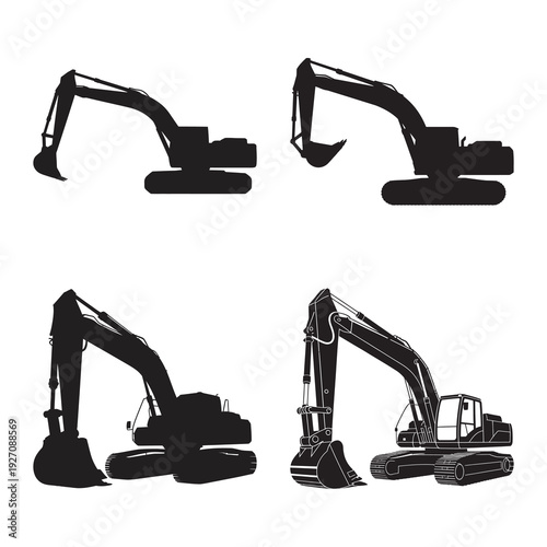 Excavator silhouette collection for digging and construction works