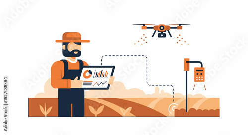 Smart Farming Concept: Farmer Controls Drone and IoT Sensors via Tablet for Precision Agriculture and Data Analysis