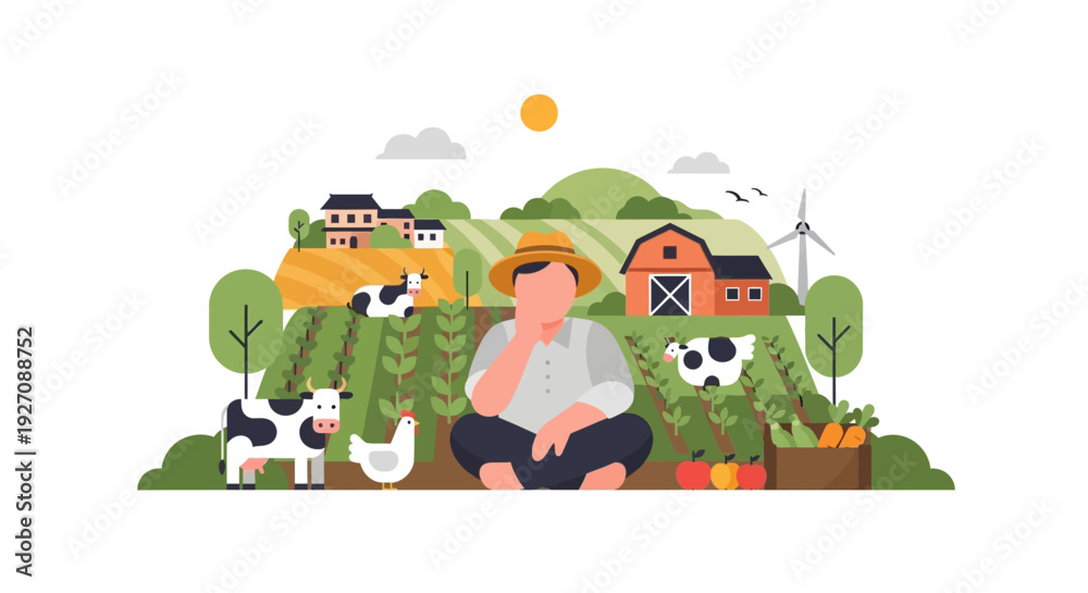 Fototapeta premium Thoughtful Farmer Planning Sustainable Agriculture in Rural Landscape. Modern Flat Design Farming Concept Illustration.
