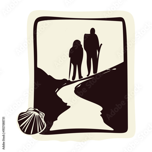 Pilgrims mon St James way. Hand drawn vector motif year of jubilee pilgrimage with sacred scallop shell. Simple black and white backpacker sacred trail hike sign for european albbergue or hostel 