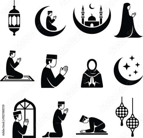 Islamic prayer icons, crescent moon, mosque silhouette, lantern, hijab woman, man praying, sujud, Ramadan culture, religious worship, decorative ornaments, spirituality vector illustration