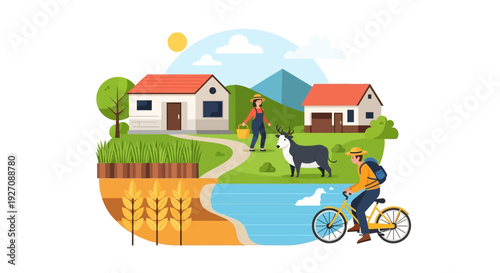 Idyllic Farm Life Vector Illustration: Cyclist Riding by Water, Woman Farmer, Cow, and Wheat Fields in a Rural Landscape.