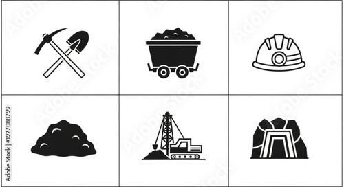 Mining tools and equipment, coal cart, helmet, coal pile, crane, and mine entrance.