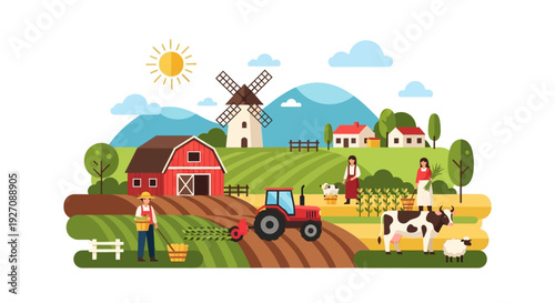 Agriculture Farm Scene Vector. Farmers Working with Tractor, Barn, Windmill, Cow, and Sheep in Rural Landscape Flat Illustration.