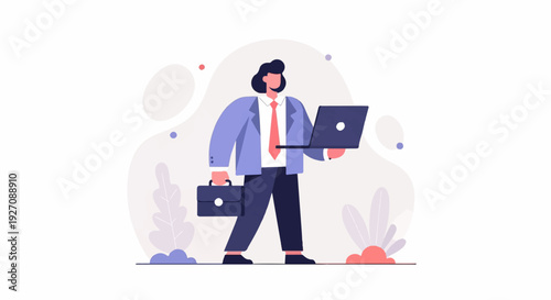 A business professional in a suit holds a laptop and briefcase