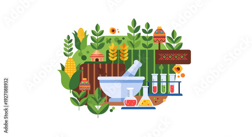 Botanical Science and Traditional Healing Research: Flat Vector Illustration with Crops, Mortar, and Lab Equipment