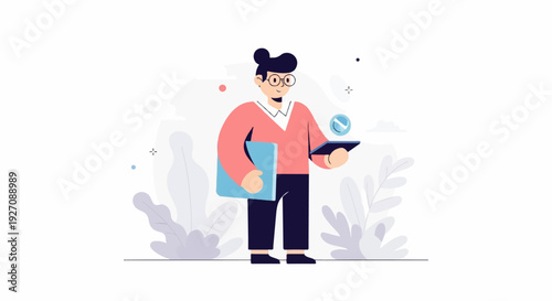 A person with glasses holds a tablet and a folder, with abstract shapes and plants in the background