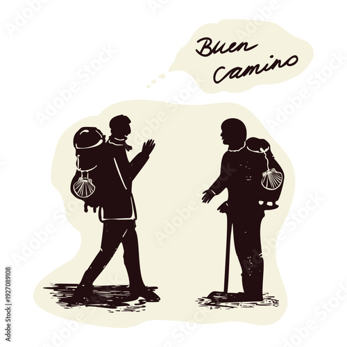 Hand drawn walker camino icon set with 2 pilgrim men meeting greeting Buen Camino . Scallop shell for st james way europe pilgrimage symbol collection. Isolated sticker element with copy space. 