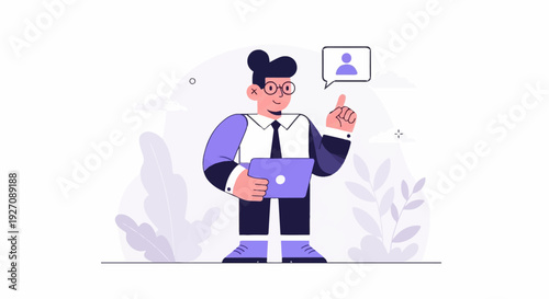 A man holding a laptop and pointing upwards with a thought bubble above