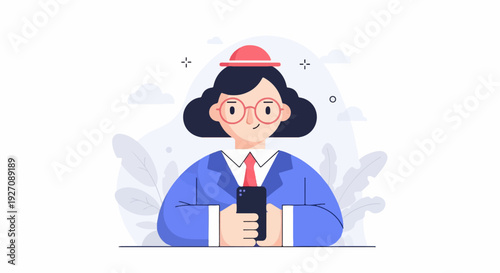 Stylish person in blue suit and red hat with glasses holds phone, surrounded by abstract foliage and clouds