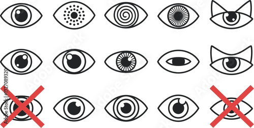 Variations of human and feline eye illustrations with red marked exceptions