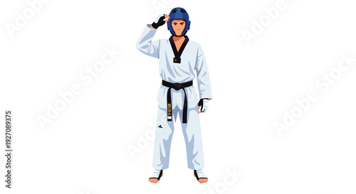 Full-body illustration of a martial artist in a white uniform and blue helmet saluting with a black belt, on a plain white background.