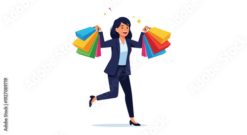 Cartoon woman in business attire running with colorful shopping bags in both hands on a white background with a joyful mood.