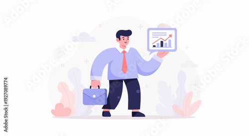 A stylized businessman holding a briefcase and a speech bubble with a rising graph