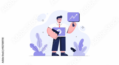 Stylized man with briefcase and upward trending graph on screen