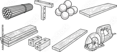 Bundled metal rods wood planks and a circular saw construction building supplies lumber