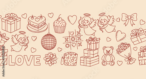 Valentine Love Doodle Seamless Pattern with Cupid Gifts Hearts and Teddy Bear Hand Drawn Illustration