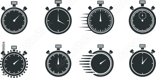 Eight black and white stopwatch icons with various distortion effects