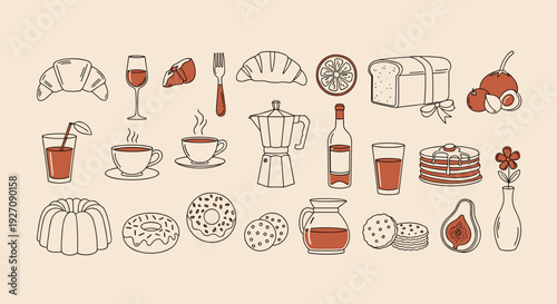 French Food and Drink Hand Drawn Illustration Set with Croissant Coffee Wine Bread and Desserts