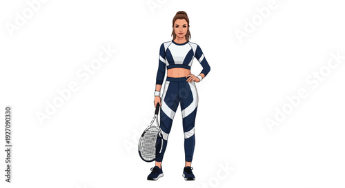 Full-body illustration of a young woman in a blue and white sports outfit holding a tennis racket on a plain white background.