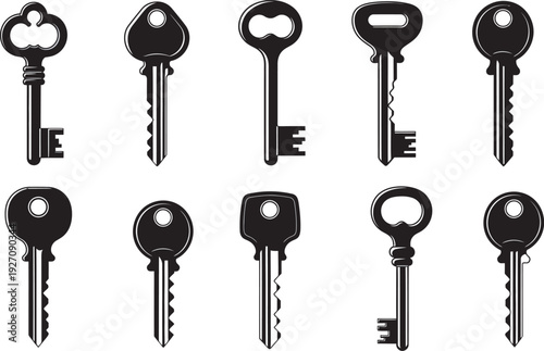 A collection of various old and new house keys on a white background