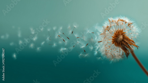 Dandelion seed head with seeds blowing away in the wind against a soft teal and turquoise background creating an ethereal and dreamy mood image