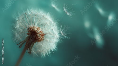 Dandelion seed head with seeds blowing away in the wind against a soft teal and turquoise background creating an ethereal and dreamy mood image