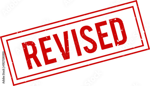 Revised Grunge Rubber Stamp Vector – Vintage Distressed Red Ink Seal Label for Document Update, Edited Draft, Amendment, Official Correction Notice