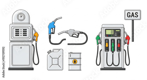 Gas station equipment illustration, including pumps, nozzles, and fuel containers.