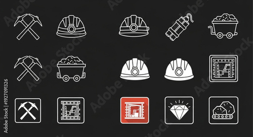Collection of mining tools and equipment icons on a dark background.