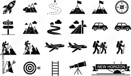 Adventure Travel and Hiking Icons Set, Mountain Journey, Road Trip, Airplane, Compass and New Horizon Concept Black Silhouette Vector Illustration Collection