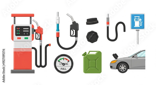 Gas station equipment and car for fuel, gasoline and petrol.