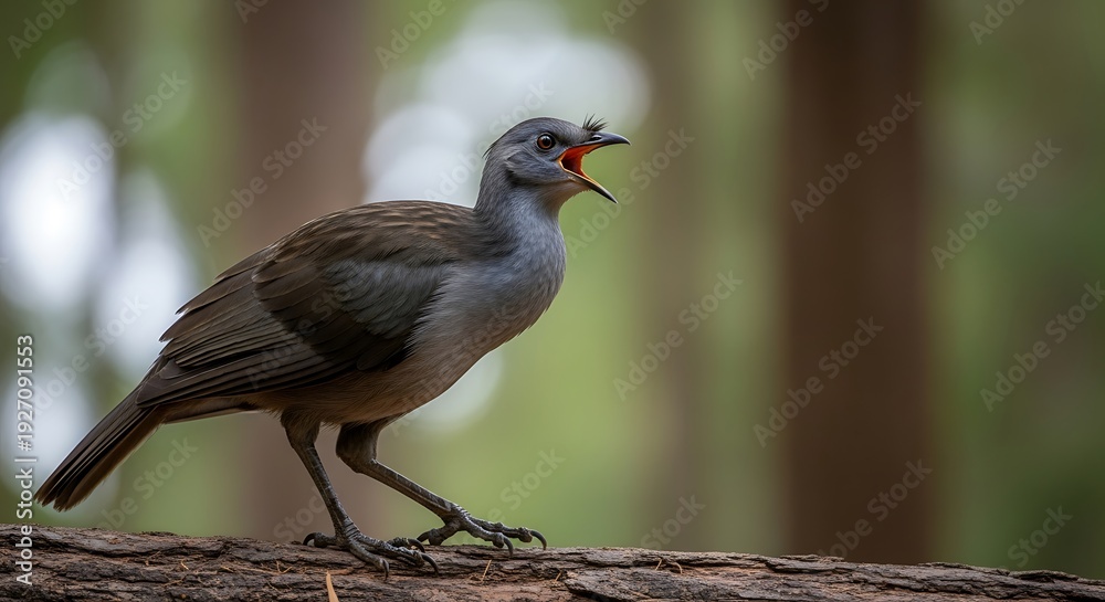 Fototapeta premium Bird Singing on Branch in Forest.
