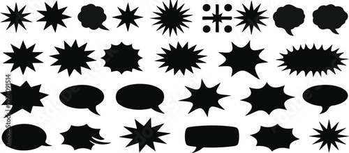 Variety of black speech bubble shapes and starburst comic elements for design