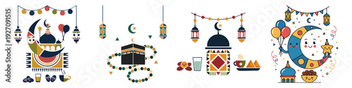 Ramdan Mubarik Islamic Blessings and Greetings  Flat Vector Illustration on Transparent Background