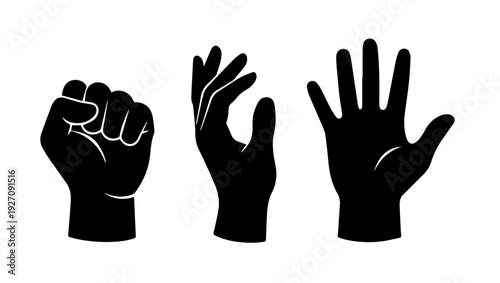 Vector Illustration Hands Showing Gesture Progression on PNG Background, Gloved Hands Vector, Hand Gesture Sequence, Clenched Fist to Open Hand, Flat Vector Illustration, Black Gloves Vector, 