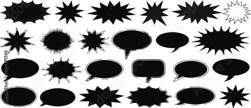 Collection of comic book style speech bubbles and abstract burst shapes