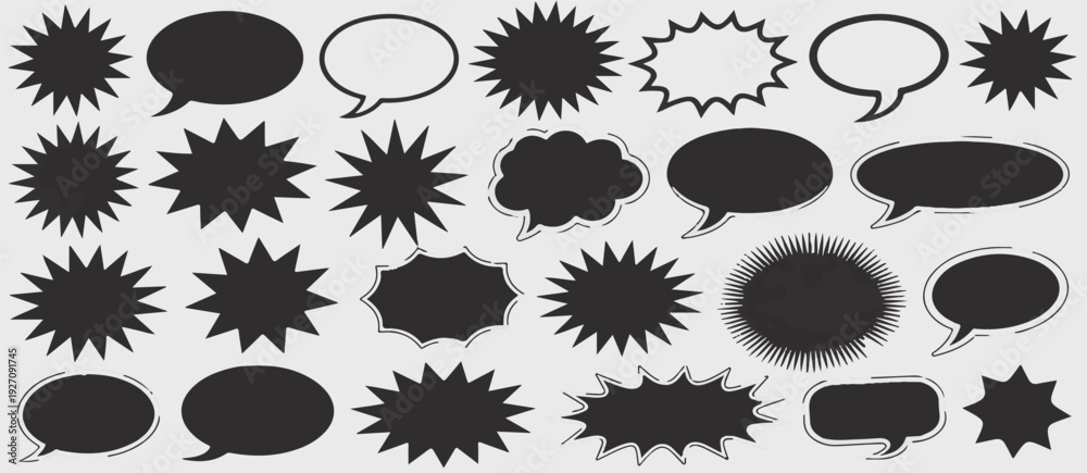 Fototapeta premium Collection of black speech bubbles and starburst shapes for design and communication purposes