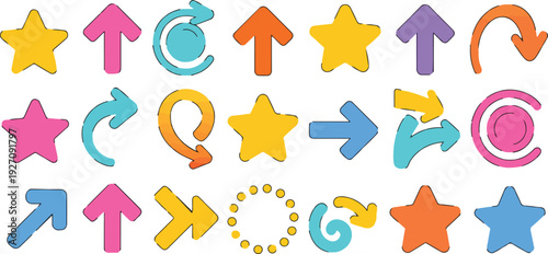 Set of colorful arrows, stars and circular elements for design and UI purposes
