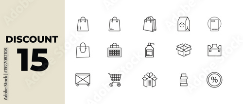 15 discount sale tag icons set for marketing, ecommerce, and website use. Modern flat vector collection.