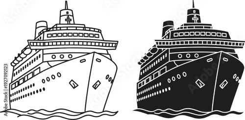 Cruise Ship Icons Set, Ocean Liner Front View, Passenger Vessel Black and White Silhouette Vector Illustration Isolated on White Background
