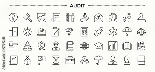 Audit icon set in linear style. Icons for UI designs. Featuring assessment, magnify, inspect. Pixel perfect. Editable vector. Inspect icon set.