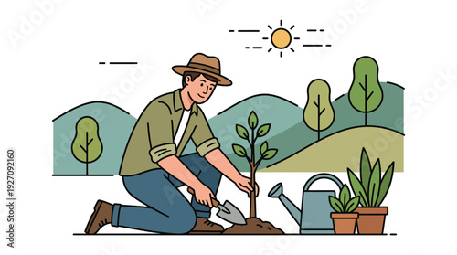 Man Planting Tree in Garden during Sunny Day
