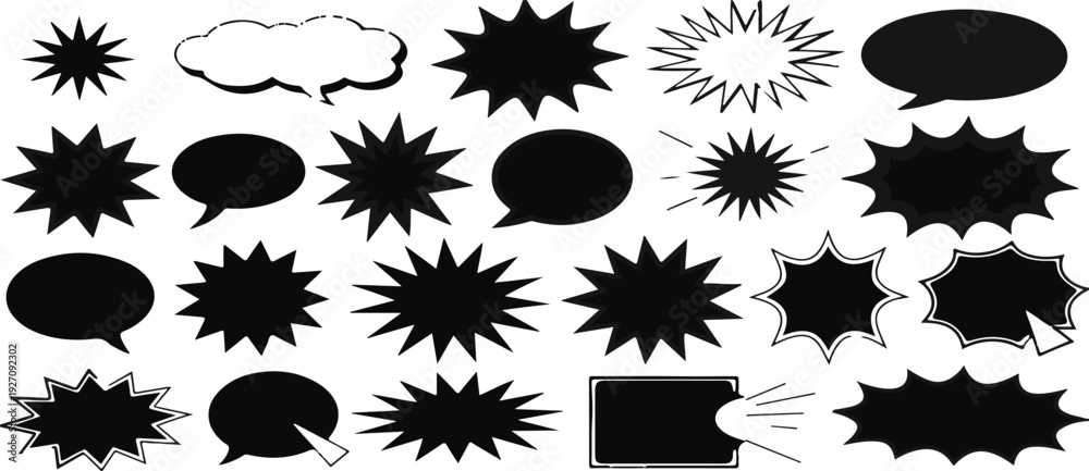 Naklejka premium Set of black comic book speech bubbles and explosion shapes for graphic design and comics