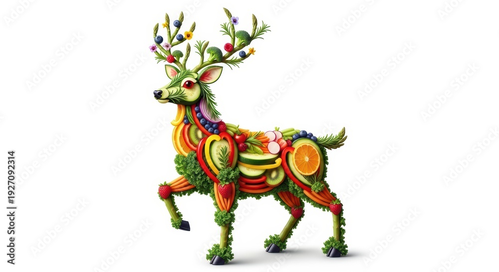 Fototapeta premium Creative deer made of fresh fruits and vegetables