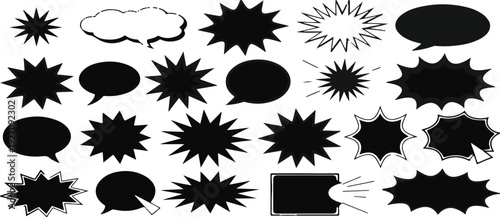 Set of black comic book speech bubbles and explosion shapes for graphic design and comics