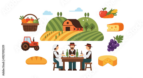 Organic Farm-to-Table Food Production Vector Set. Farmers Harvesting Fresh Produce, Rural Landscape, and Agricultural Icons.