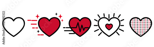 Heart Vector Icon Set on PNG Background, heart, love, romance, health, heartbeat, EKG, affection, joy, excitement, romantic, outlined heart, solid heart, motion lines, sparkles, dotted fill, 