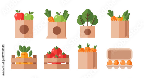Healthy Groceries Flat Icon Set: Fresh Produce, Fruits, Vegetables, and Eggs in Shopping Bags and Wooden Crates