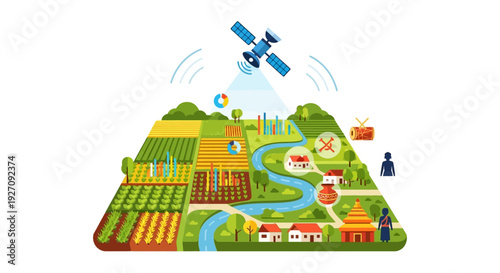 Smart Farming Technology Illustration: Satellite Monitoring of Agricultural Fields, Data Analysis, and Rural Development Concept.